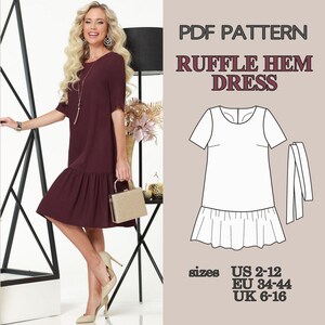 Free Dress Pattern, Short Sleeve Dress Sewing Pattern, Ruffle Hem Dress Pattern, Women PDF Sewing Pattern, Belted Dress Summer Dress Pattern image 4