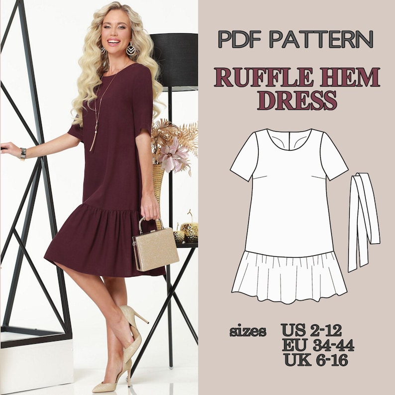 Free Dress Pattern, Short Sleeve Dress Sewing Pattern, Ruffle Hem Dress Pattern, Women PDF Sewing Pattern, Belted Dress Summer Dress Pattern image 4