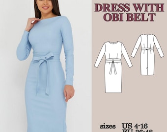 Patrón de costura en PDF para vestido ajustado, vestido tubo con cinturón obi, vestido lápiz hasta la rodilla con abertura en la espalda, vestido elegante para mujer.