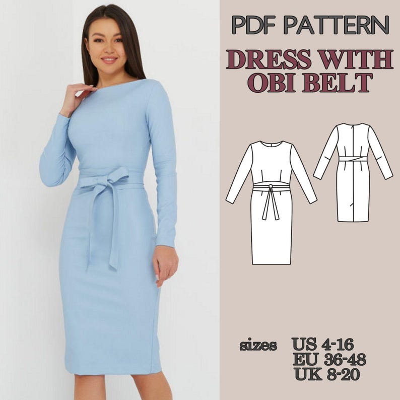 Mönster för figurnära klänning i PDF-format, fodralklänning med Obi-bälte, knälång pennklänning med slits bak, elegant damklänning bild 1