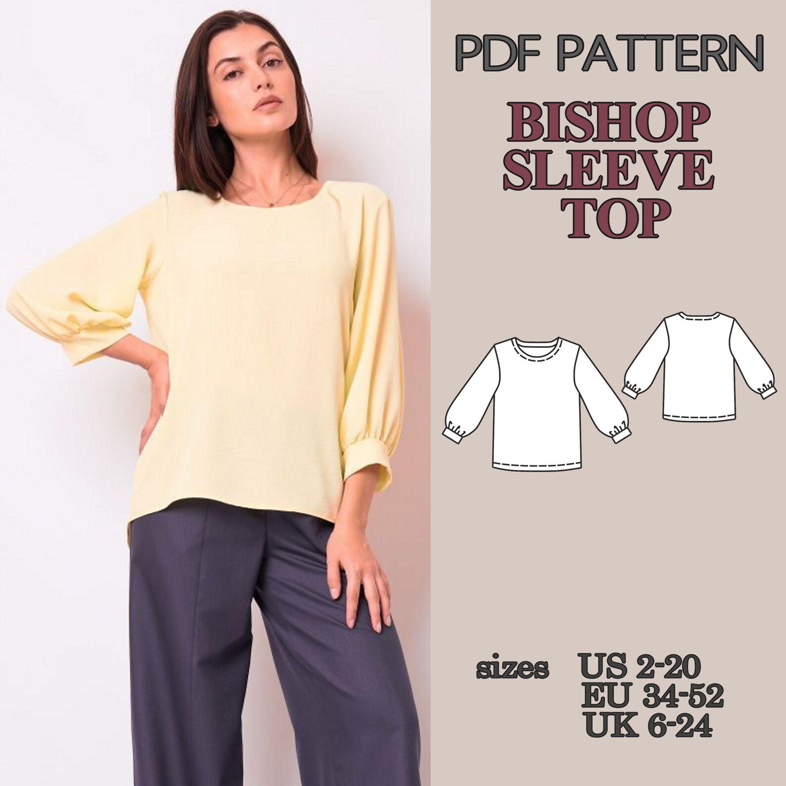 Bishop Sleeve Top Pattern, Blouse Pattern, Sewing Patterns, PDF Sewing ...