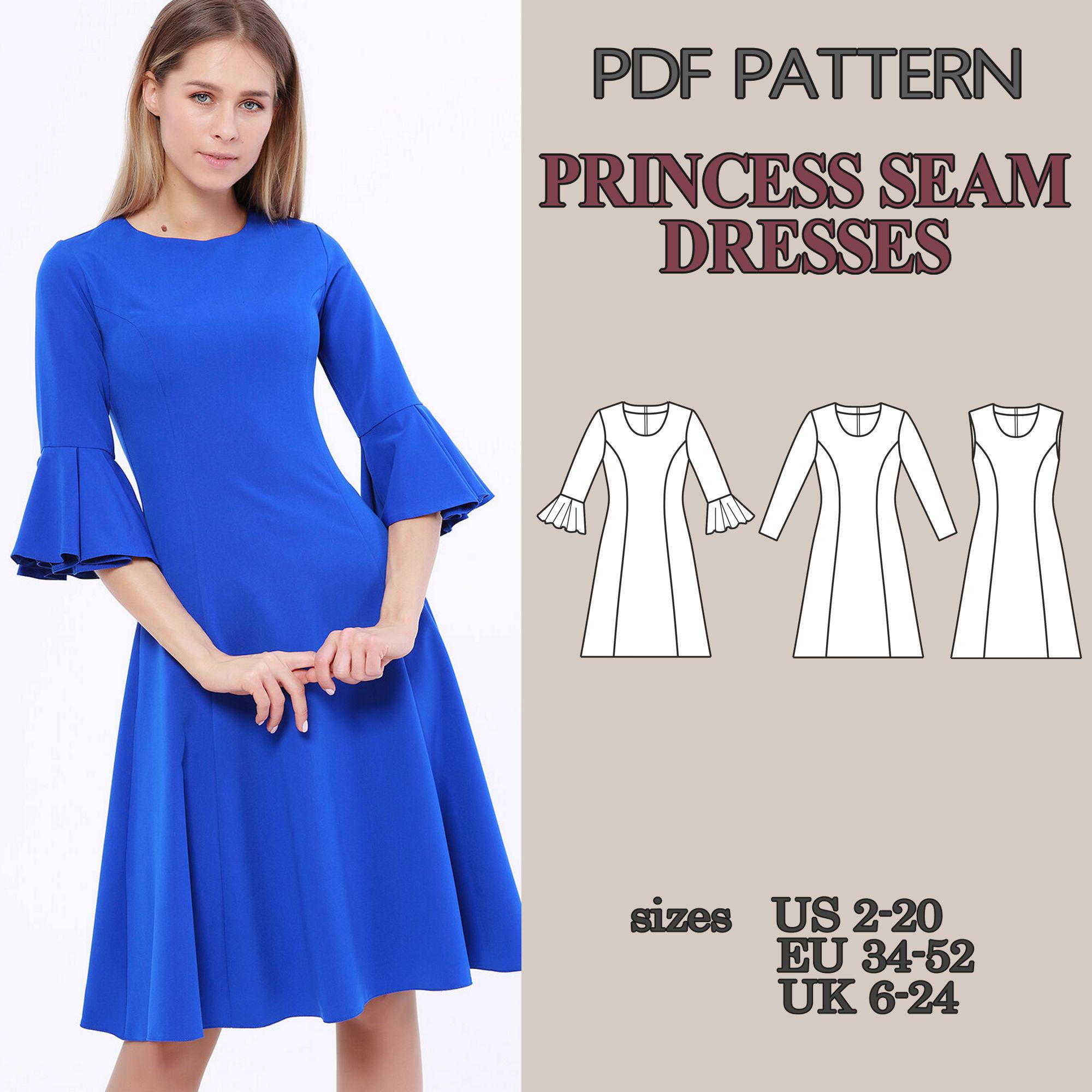 Princess Seam Dress Sewing Pattern PDF Set, 3 Dresses Bundle, Fitted ...