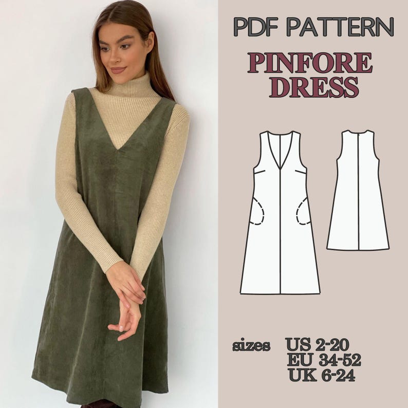 Pinafore Dress Sewing Pattern PDF, V Neck Dress with Pockets and Lining, Mini and Knee Length Dress Pattern Beginner Friendly Video Tutorial image 1