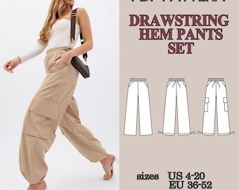 Conjunto de patrones de costura para pantalones de pierna ancha, paquete de 3 pantalones en PDF, pantalones con cintura elástica y dobladillo con cordón ajustable, pantalones con bolsillos, pantalones casuales y de descanso.