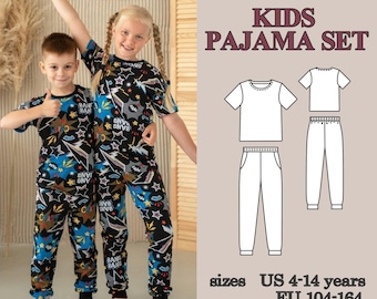 Patrón de costura en PDF para pijamas infantiles, conjunto unisex para niños y niñas, pantalón deportivo con bolsillos y camiseta, tutorial para principiantes.