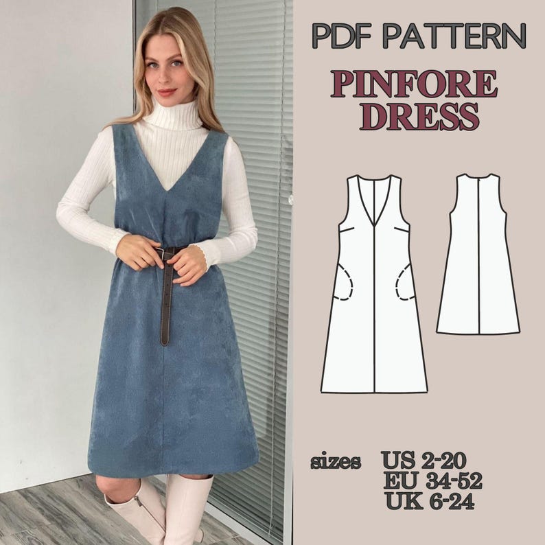 Pinafore Dress Sewing Pattern PDF, V Neck Dress with Pockets and Lining, Mini and Knee Length Dress Pattern Beginner Friendly Video Tutorial image 7