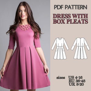 Vintage Dress Sewing Pattern, Dress with Box Pleates Pattern, Women PDF Sewing Pattern, Pleated Dress with Pockets Step by Step Tutorial DIY