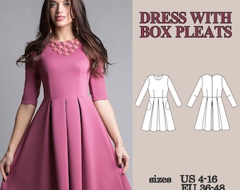 Vintage Dress Sewing Pattern, Dress with Box Pleates Pattern, Women PDF Sewing Pattern, Pleated Dress with Pockets Step by Step Tutorial DIY