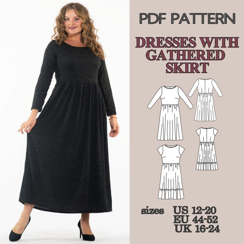 PDF Sewing Pattern Dress Set, Midi and Maxi Dress Patterns, Ruffle Hem Dress, Gathered Waist Dress, Short Sleeve Dress Pattern, Summer Dress image 4