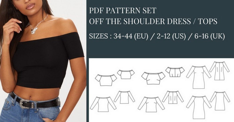 Crop Top Sewing Pattern, Sewing Pattern, Pattern Sewing, Off the Shoulder Dress Sewing Pattern, Top Pattern, Off the shoulder top sewing pattern, Sewing Pattern PDF, Dress Pattern PDF, Knitted top sewingpattern, Mini dress sewing pattern