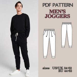 May include: Black joggers and sweatshirt set. The image includes a person wearing the outfit and a pattern for men's joggers. The text on the image says "PDF Pattern Men's Joggers" and lists sizes US/UK 34-52 and EU 44-62.