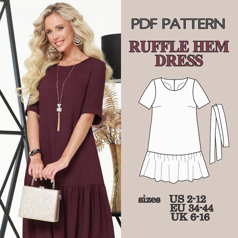 Free Dress Pattern, Short Sleeve Dress Sewing Pattern, Ruffle Hem Dress Pattern, Women PDF Sewing Pattern, Belted Dress Summer Dress Pattern image 6