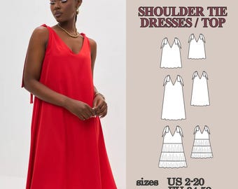 Patrón de costura en PDF para vestido con tirantes anudados al hombro, conjunto 3 en 1: top y vestidos con volantes, vestido de corte A con escote en V, tutorial para principiantes.