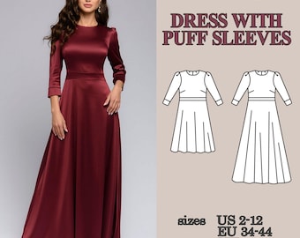 Puff Sleeve Maxi Dress Sewing Pattern for Women, A Line Wedding Bridesmaid Long PDF
