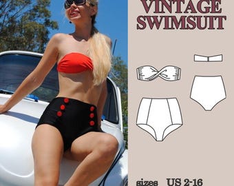 Swimsuit Pattern, Vintage Swimsuit Pattern High Waisted Twist Front Bikini Pattern Sewing Patterns Bathing Suits Patterns Swimsuits Patterns
