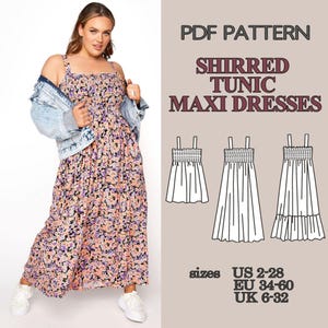 May include: A PDF pattern for shirred tunic maxi dresses featuring a floral print in shades of purple, orange, and black. The image displays a dress with wide straps and a light blue denim jacket, alongside technical line drawings and size charts.