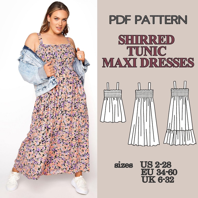 May include: A PDF pattern for shirred tunic maxi dresses featuring a floral print in shades of purple, orange, and black. The image displays a dress with wide straps and a light blue denim jacket, alongside technical line drawings and size charts.