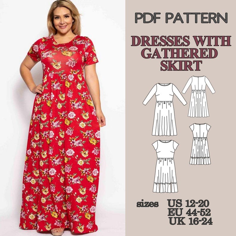 PDF Sewing Pattern Dress Set, Midi and Maxi Dress Patterns, Ruffle Hem Dress, Gathered Waist Dress, Short Sleeve Dress Pattern, Summer Dress image 6