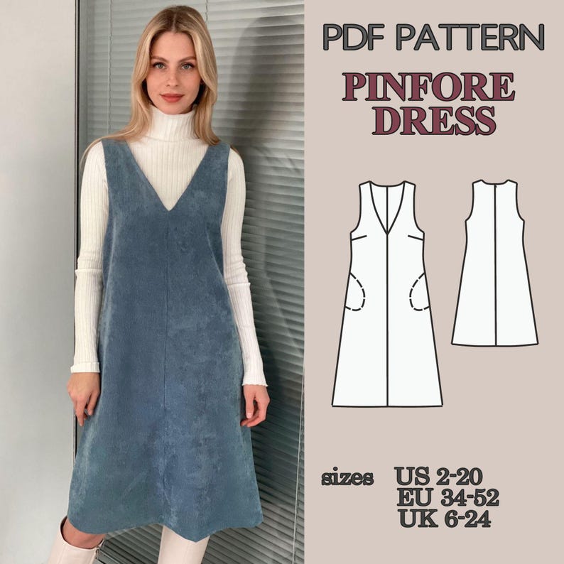 Pinafore Dress Sewing Pattern PDF, V Neck Dress with Pockets and Lining, Mini and Knee Length Dress Pattern Beginner Friendly Video Tutorial image 6