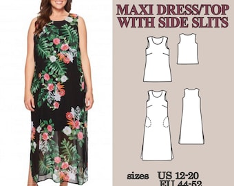 Maxi Dress Sewing Pattern, Sleeveless Top Pattern, 2 in 1 PDF Sewing Pattern Women Dress Pattern Slit Dress with Pockets Free Dress Pattern
