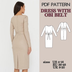 Mönster för figurnära klänning i PDF-format, fodralklänning med Obi-bälte, knälång pennklänning med slits bak, elegant damklänning bild 10