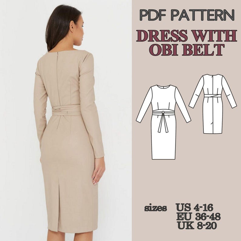 Mönster för figurnära klänning i PDF-format, fodralklänning med Obi-bälte, knälång pennklänning med slits bak, elegant damklänning bild 10