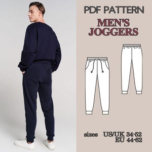 May include: A navy blue sweatshirt and matching joggers are modeled on a person. The image includes a pattern for men's joggers, with size information in US/UK and EU measurements. The text "PDF PATTERN MEN'S JOGGERS" is displayed.