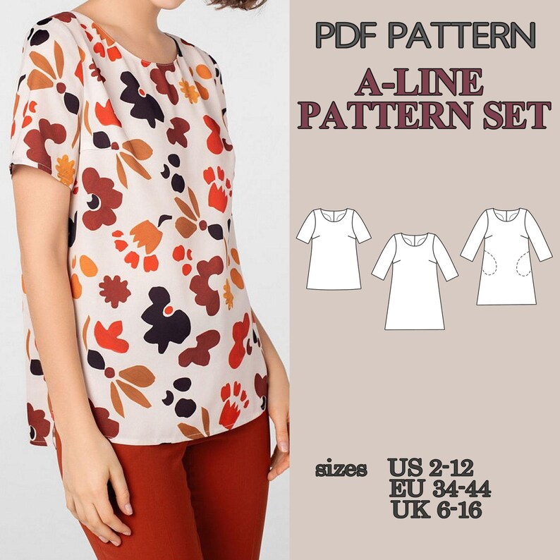 May include: A short-sleeved top with a cream base and a multi-colored floral pattern in red, orange, and dark brown. The image includes text reading PDF PATTERN A-LINE PATTERN SET and sizes US 2-12, EU 34-44, UK 6-16, with line drawings of three garments.