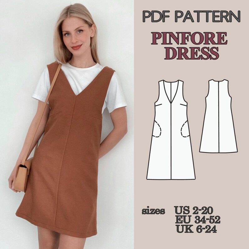 Pinafore Dress Sewing Pattern PDF, V Neck Dress with Pockets and Lining, Mini and Knee Length Dress Pattern Beginner Friendly Video Tutorial image 5