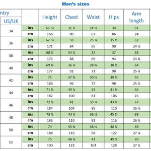 May include: A detailed size chart for men's clothing, including measurements in inches and centimeters. The chart lists EU/RU and US/UK sizes with corresponding height, chest, waist, hips, arm length, and neck measurements.