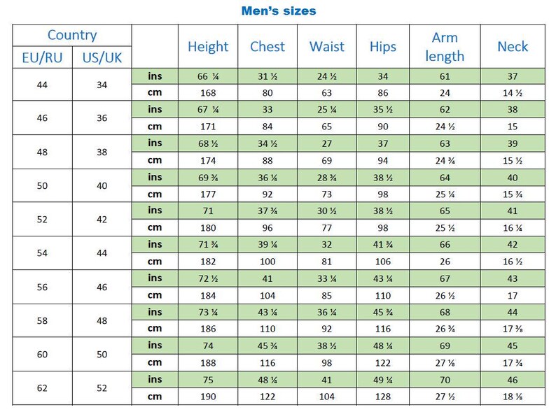May include: A detailed size chart for men's clothing, including measurements in inches and centimeters. The chart lists EU/RU and US/UK sizes with corresponding height, chest, waist, hips, arm length, and neck measurements.