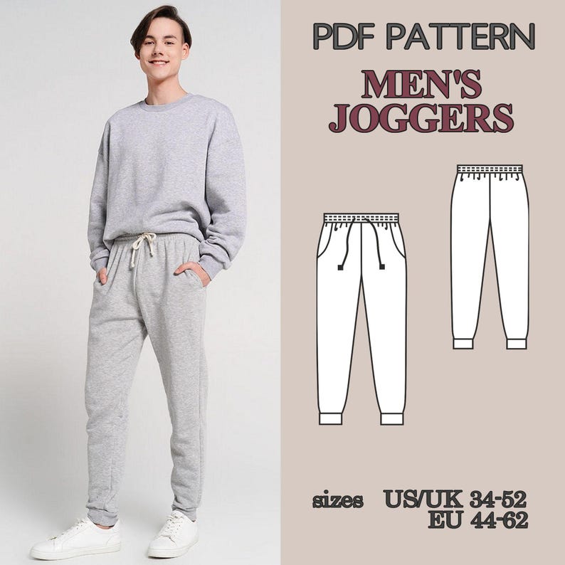 May include: A person wearing a gray sweatshirt and matching joggers with a drawstring waist. The image includes a PDF pattern for men's joggers, with size information in US/UK and EU measurements.