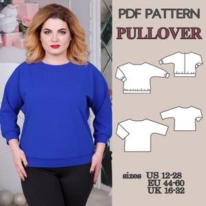 May include: A woman wearing a royal blue pullover. The image includes a pattern for a pullover with the text "PDF PATTERN PULLOVER". Sizes are listed as US 12-28, EU 44-60, and UK 16-32.