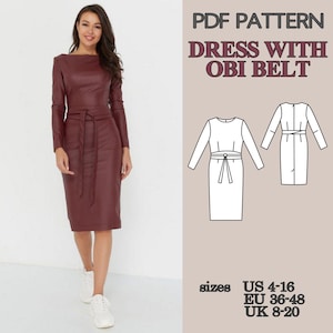 Mönster för figurnära klänning i PDF-format, fodralklänning med Obi-bälte, knälång pennklänning med slits bak, elegant damklänning bild 5