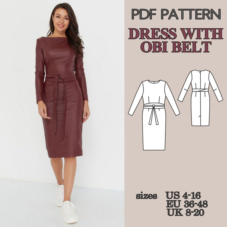 Mönster för figurnära klänning i PDF-format, fodralklänning med Obi-bälte, knälång pennklänning med slits bak, elegant damklänning bild 5