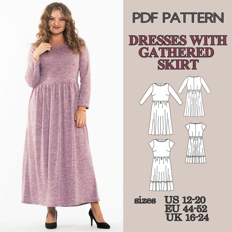 PDF Sewing Pattern Dress Set, Midi and Maxi Dress Patterns, Ruffle Hem Dress, Gathered Waist Dress, Short Sleeve Dress Pattern, Summer Dress image 7