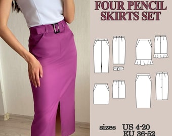 Skirt Sewing Pattern Set, 4 Skirts Patterns Bundle, Pencil Midi Mini Skirt PDF, Pockets Skirt Patterns, Invisible Zipper, Capsule Wardrobe