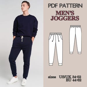 May include: A navy blue sweatshirt and matching joggers are modeled by a person wearing white sneakers. The image includes a PDF pattern for men's joggers, with size information in US/UK and EU measurements.