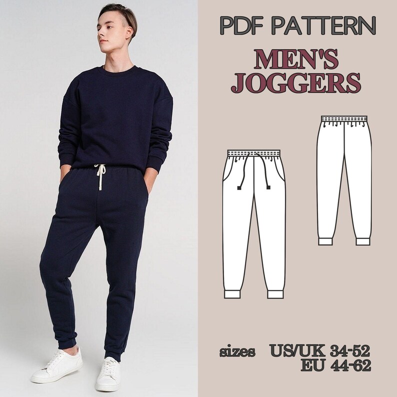 May include: A navy blue sweatshirt and matching joggers are modeled by a person wearing white sneakers. The image includes a PDF pattern for men's joggers, with size information in US/UK and EU measurements.
