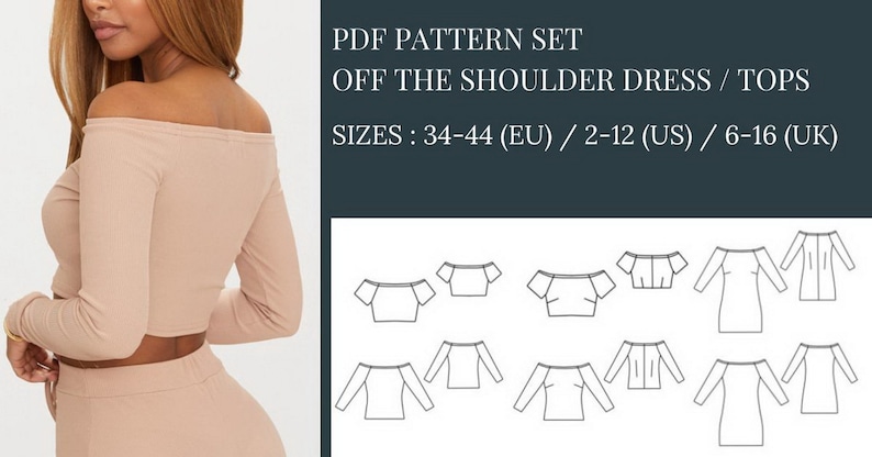 Crop Top Sewing Pattern, Sewing Pattern, Pattern Sewing, Off the Shoulder Dress Sewing Pattern, Top Pattern, Off the shoulder top sewing pattern, Sewing Pattern PDF, Dress Pattern PDF, Knitted top sewingpattern, Mini dress sewing pattern