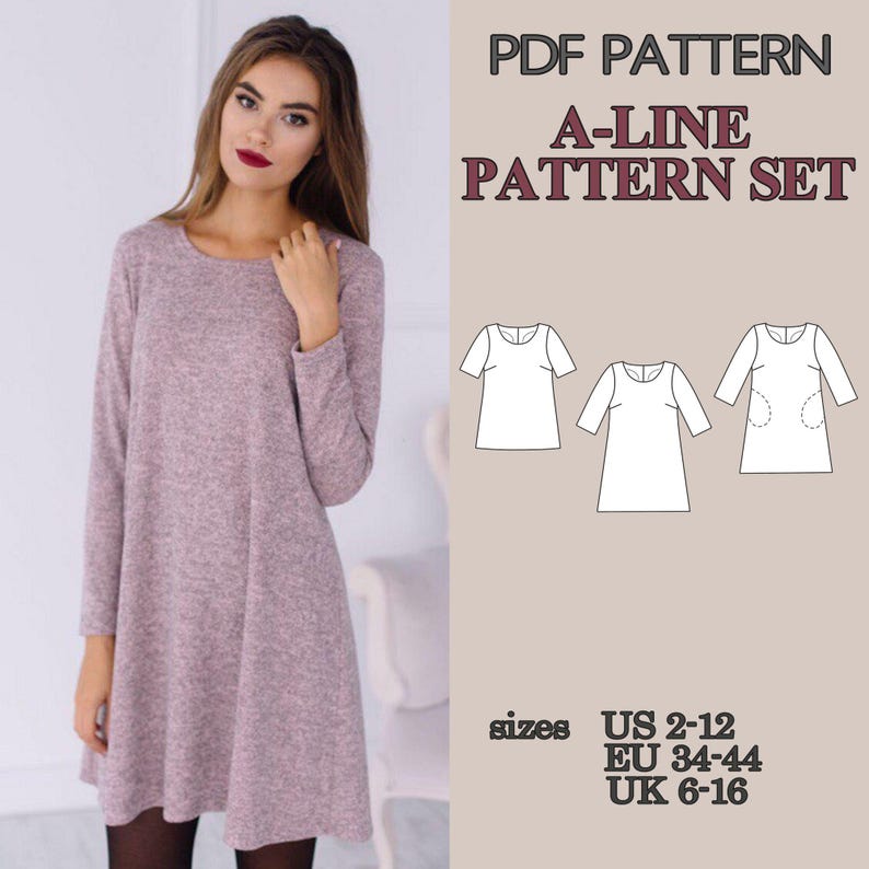 May include: A PDF pattern A-line pattern set for a long-sleeved dress with a round neckline. The image displays a heathered mauve dress and technical line drawings of three variations. Text includes PDF PATTERN, A-LINE PATTERN SET, and sizes US 2-12, EU 34-44, UK 6-16.