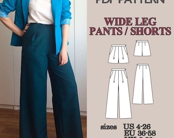 Wide Leg Pants Sewing Pattern, Shorts Pattern Women, High Waist Pleated Pants PDF, 2 in 1 Sewing Pattern, Woven Trousers, Pocket Pants