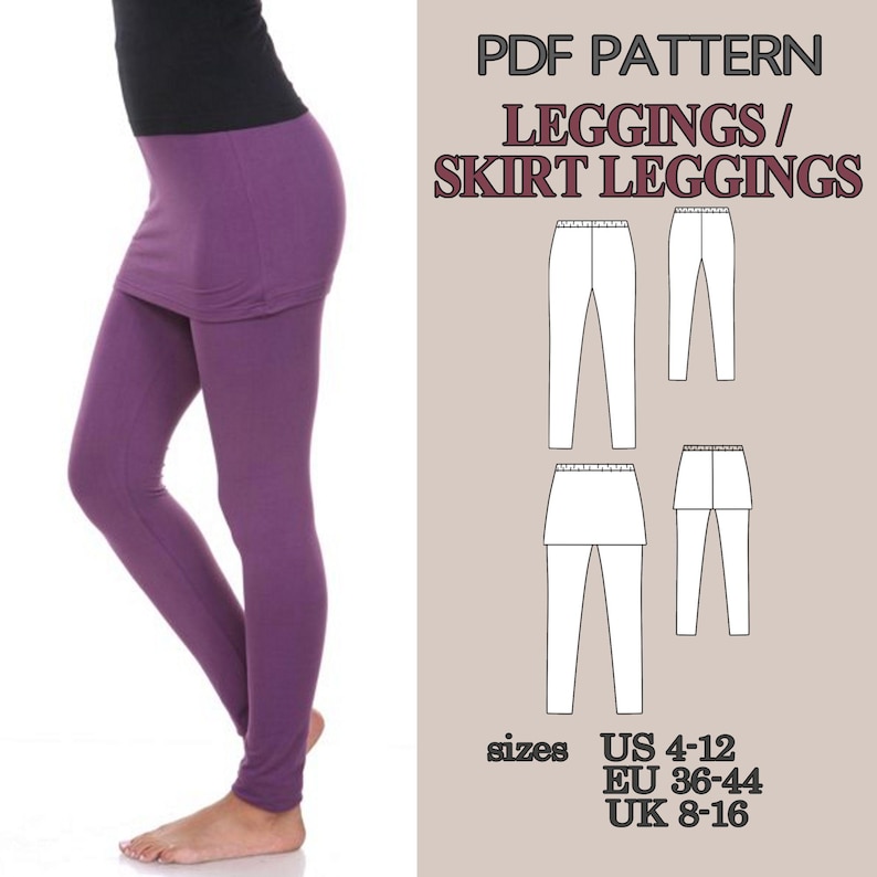 Leggings Sewing Pattern PDF, Yoga Pants Pattern, Skirted Leggings Pattern, Workout Leggings, Activewear Pattern Women Pants Pattern Trousers image 2