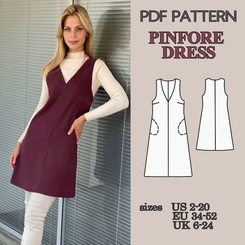 Pinafore Dress Sewing Pattern PDF, V Neck Dress with Pockets and Lining, Mini and Knee Length Dress Pattern Beginner Friendly Video Tutorial image 9