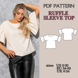 Patrón de blusa con mangas con volantes, patrón de blusa, patrones de costura, patrón de costura en PDF, patrón de costura, patrón de blusa, patrón de costura en PDF, patrón de mujer