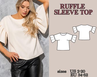 Patrón de costura en PDF para blusa con mangas con volantes, patrón fácil de blusa con mangas acampanadas, blusa de cuello redondo, tutorial de costura para principiantes.