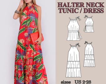 Patrón de costura en PDF para vestido maxi escalonado, conjunto de vestido bohemio con cuello halter y túnica, patrón de vestido de verano apto para tallas grandes, patrón de túnica.