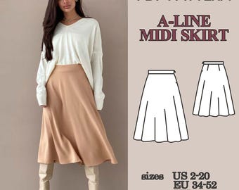 Patrón de costura en PDF para falda midi de corte A, falda elegante para mujer con cremallera, ideal para verano o para la oficina, patrón de falda para tela ligera.
