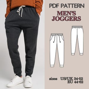 May include: Dark gray joggers with a drawstring waist and pockets. The image also shows a pattern for men's joggers, with size information in US/UK and EU sizes.