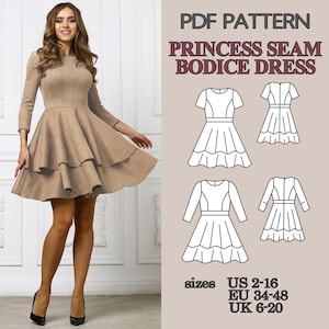 Patrón de costura en PDF para vestido con costuras de princesa, patrón de vestido midi formal, patrones de vestidos de novia, vestidos de damas de honor, descarga digital para hacer tú mismo.